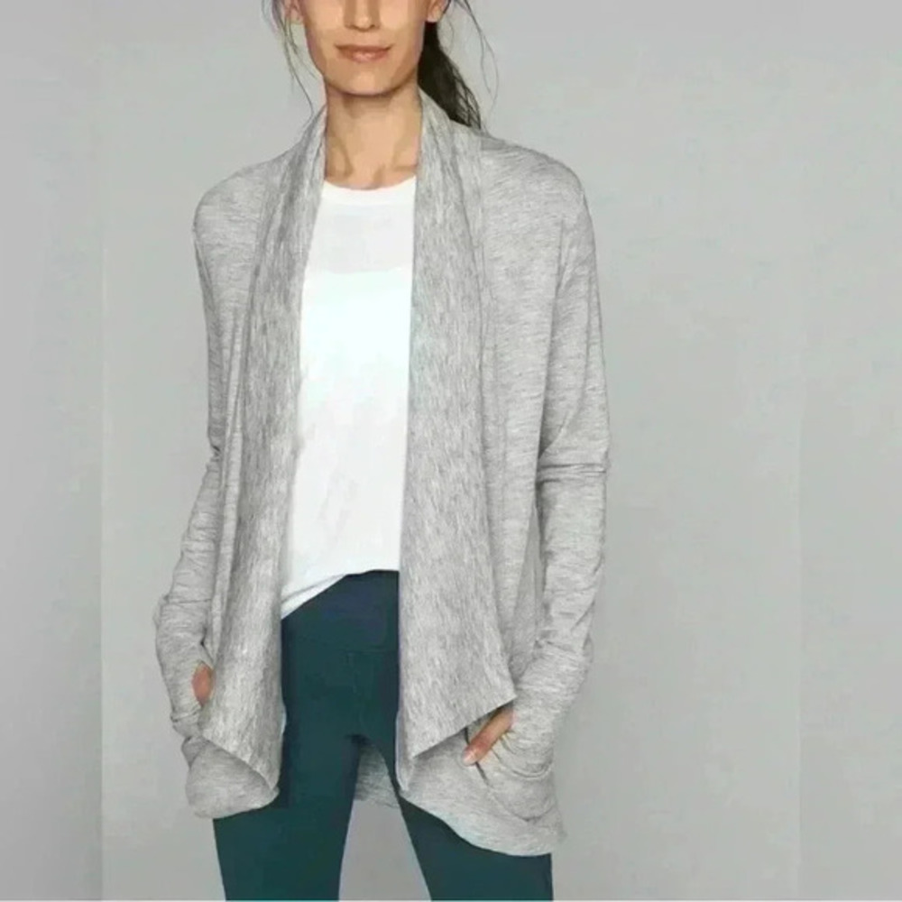 Athleta Open Cardigan‎ Sweater Womens Sz XXS Gray Modal Blend Pockets Thumbholes